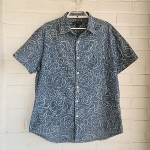 J Crew Mercantile Mens Button Front Short Sleeve Shirt Chambray Blue Cotton Sz L
